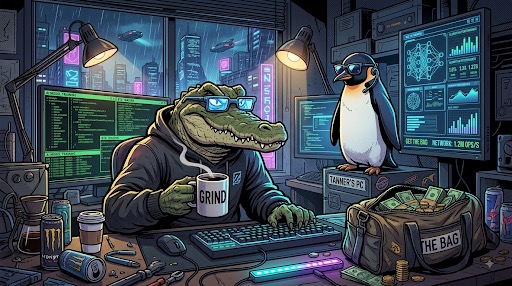 Illustrated alligator in glasses and a hoodie coding at a computer, beside a penguin in a neon-lit workspace